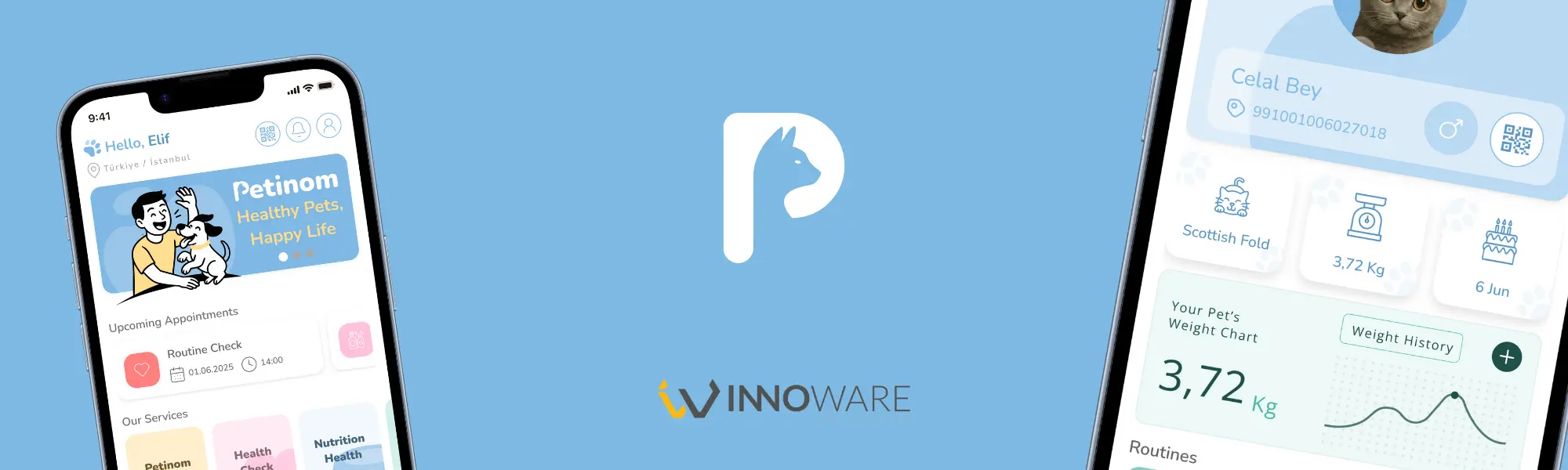 Petinom uygulama tanıtım görseli - Kedi, köpek ve çocuklu mutlu aile